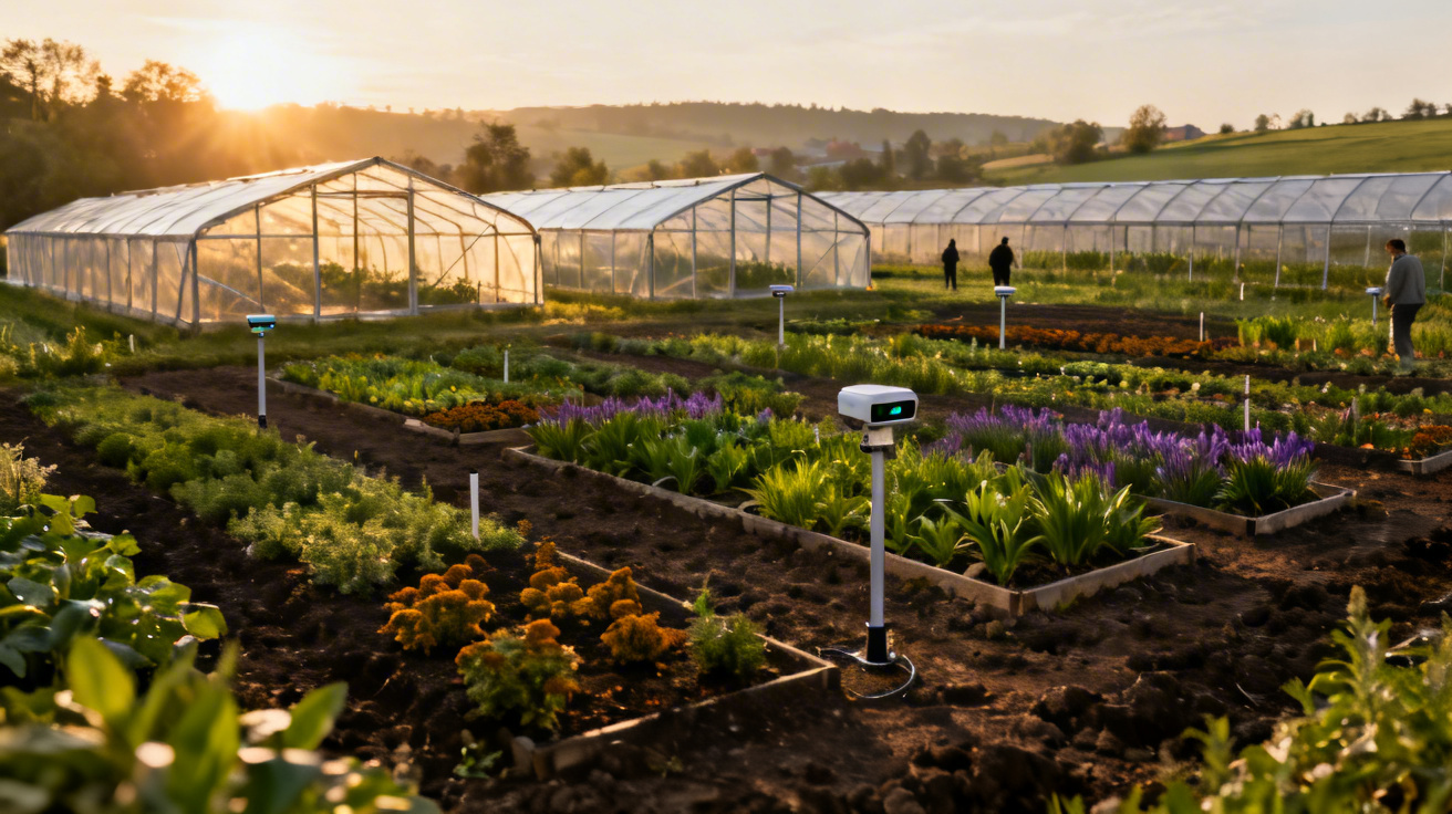 Lush spice farm with monitoring sensors