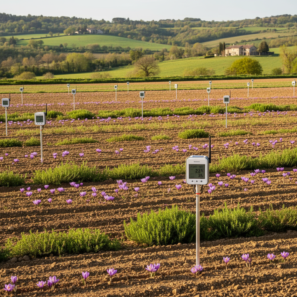 Open field spice farming with monitoring sensors